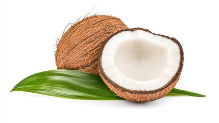 Coconut Fruit Halved with Leaves Isolated on White Background