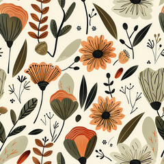 Seamless floral pattern with Scandinavian-inspired stylized flowers and leaves