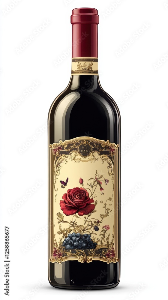 Poster enchanting bottle of red wine adorned with a delicate rose design and lush grapes in a timeless sett