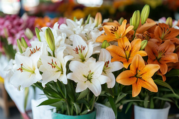 Vibrant Generative AI Floral Display Featuring Roses, Ranunculus, and Seasonal Flowers at a Flower Market