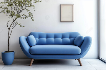 Cute blue loveseat sofa or snuggle chair and pot with branch. Interior design of modern living room with white wall with copy space.