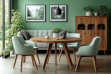 Mint color chairs at round wooden dining table in room with sofa and cabinet near green wall. Scandinavian, mid-century home interior design of modern living room