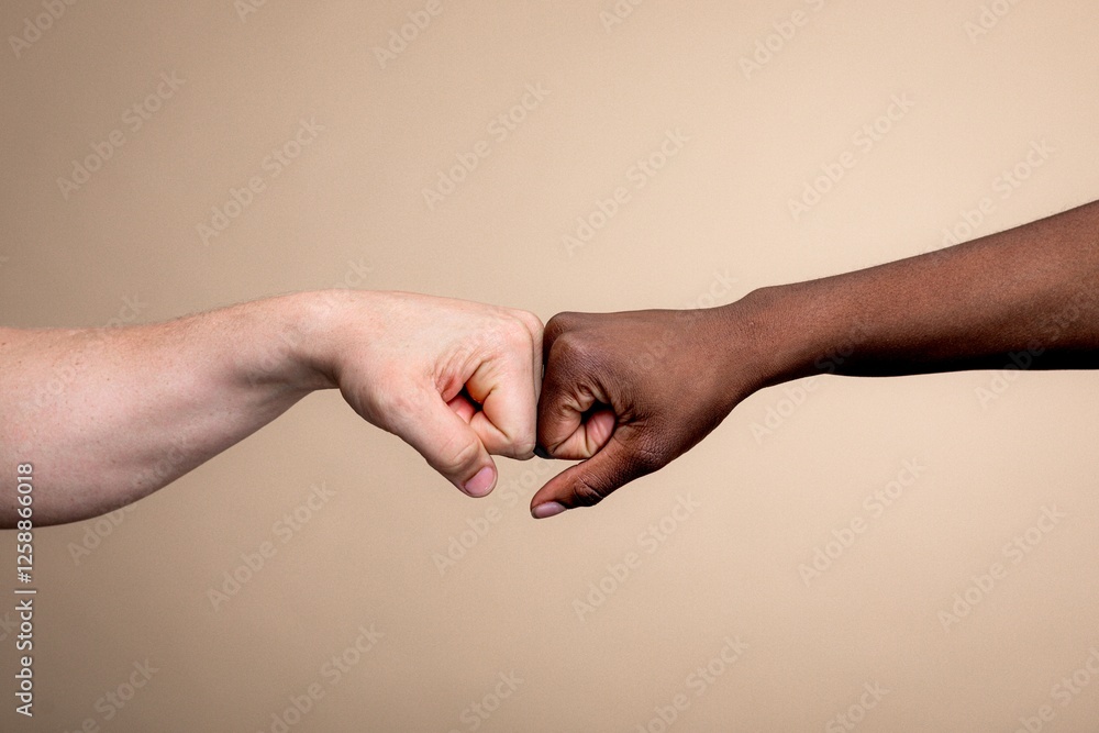 Poster two hands fist bumping, symbolizing unity and friendship. diverse hands, one light-skinned, one dark