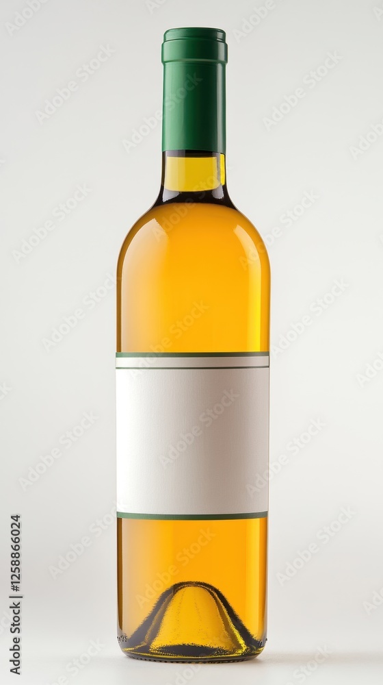 Poster beautiful golden wine bottle with blank label illuminated by soft light in a minimalistic setting