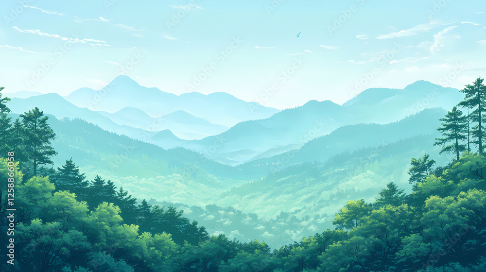 Wall mural A serene landscape featuring lush green forests and distant mountains under a clear blue sky. lush. illustration. Crystalline Forests. Illustration