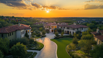 A panoramic view of the ranch-style homes in Plano, Texas at sunset with a luxury home on one side and other similar luxurious houses around it