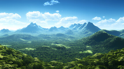 A serene landscape featuring lush green forests and distant mountains under a clear blue sky. Crystalline Forests. Illustration