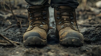 Close-up of rugged outdoor boots on a forest floor, with ample negative space above for promotional text
