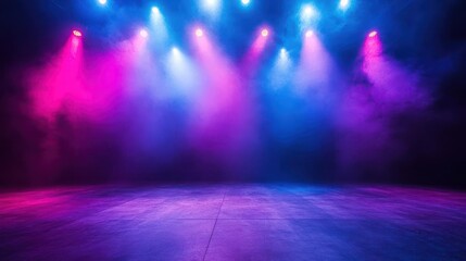 Obraz premium Neon Dark Stage Shows Empty Room with Spotlights, Neon Lights, and Dark Blue, Purple, Pink Background