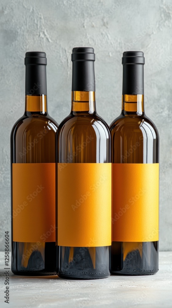 Poster elegant bottles with vibrant yellow labels showcasing a refined display of beverages on a subtle tex