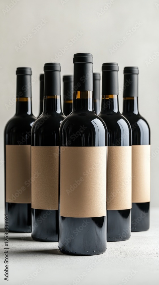 Poster elegant row of dark wine bottles waiting to be labeled for a refined tasting experience in a minimal