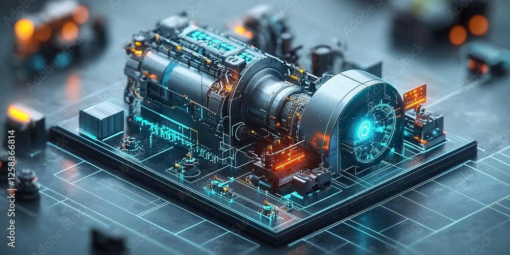 Poster innovative futuristic engine design with glowing elements set on a digital circuit board