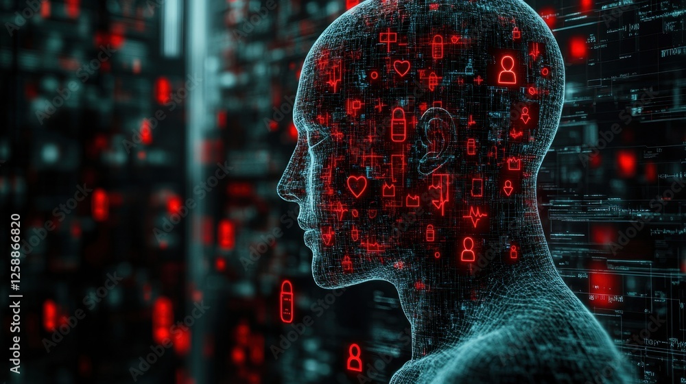 Poster exploring the intersection of technology and human experience in a digital landscape of data and sym