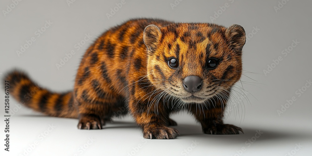 Poster wild ocelot kitten explores a clean white surface in a neutral setting during daylight hours