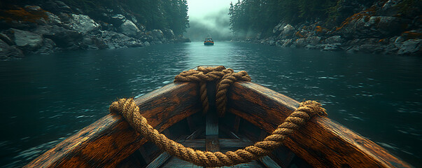 Dramatic firstperson view from a rustic wooden boat gliding through a misty, forested river.  A sense of adventure and tranquility is evoked. Perfect for travel, exploration, or nature themes.