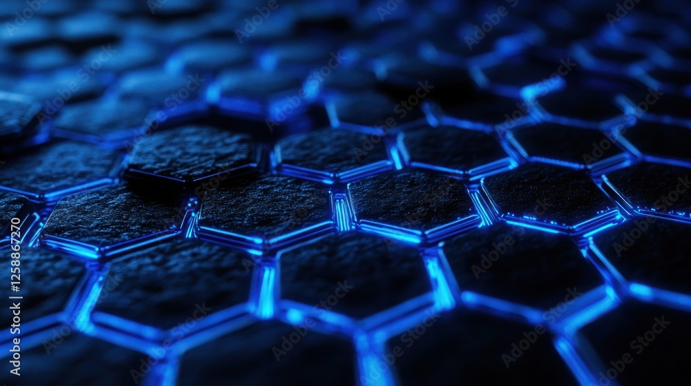 Poster intricate blue hexagonal patterns glisten under soft lighting in an abstract digital landscape