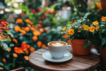 Beautiful cup of coffee on wooden table among vibrant flowers in a cozy cafe setting during a sunny day
