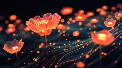 Vibrant digital garden blooms with glowing flowers under a starry night sky in a surreal landscape