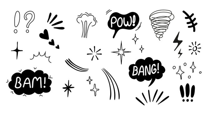 comic boom effects in a continuous line art style. Includes speech bubbles with Pow and