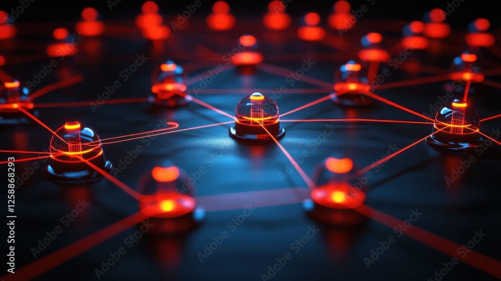 Poster interconnected nodes lit by vibrant red lasers create a stunning visual of technology and innovation