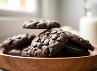 Obraz premium Stacked Mint Chocolate Cookies with Milk: Indulgent Dessert, Fresh Baked Treat