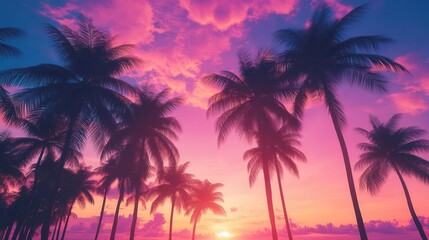 Obraz premium Outrun Synthwave Retro Aesthetic Featuring Neon Palm Trees Under Tropical Sunset in Vibrant Pink and Blue Hues