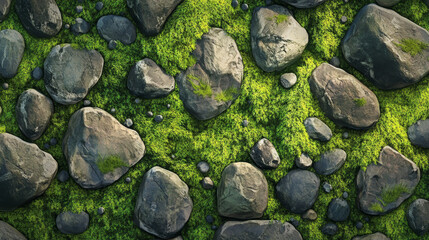 A realistic close-up of green moss and small rocks, creating a natural and earthy texture 