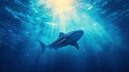 Fototapeta premium Majestic Shark Swimming Beneath Crystal Clear Ocean Surface Marine Environment Underwater Viewpoint Nature's Beauty