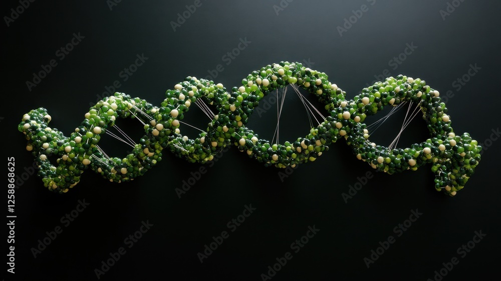 Poster creative interpretation of a dna double helix made of green beads and string on a black background s