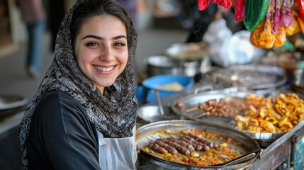 Smiling young muslim North African woman posing inside her villa in the Arabic style	