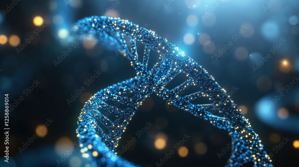 Poster exploring the intricate beauty of dna strands illuminated by soft glimmers in a high-tech environmen
