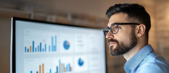 Marketing research concept. Focused man analyzing data on a digital screen in an office setting.