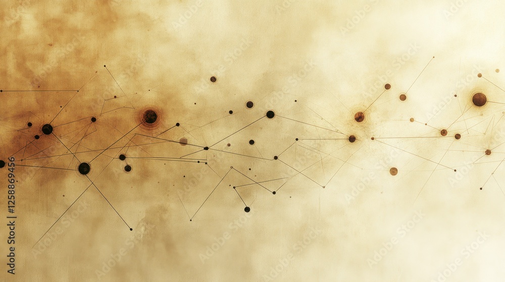 Poster abstract artwork depicting cosmic connections with dots and lines on a textured background
