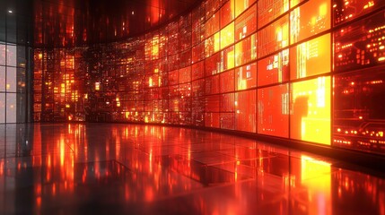 Red data screens illuminate futuristic server room