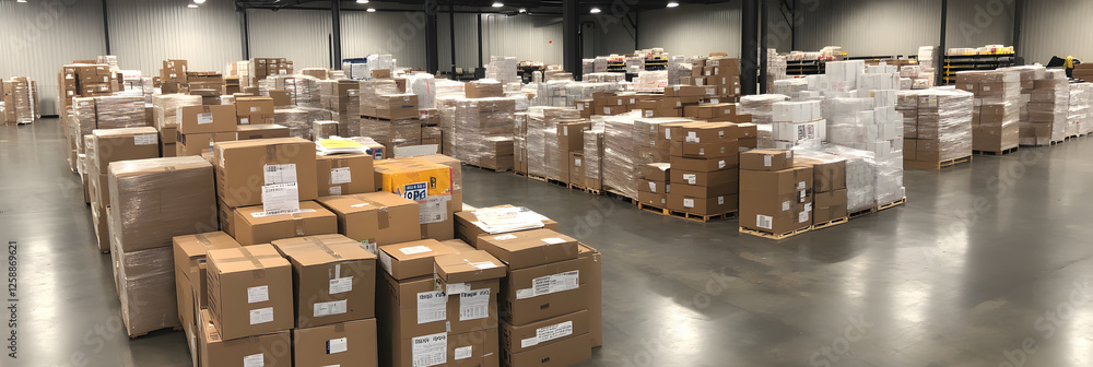 Poster warehouse filled with stacked boxes, showing logistics and inventory management. packages neatly arr