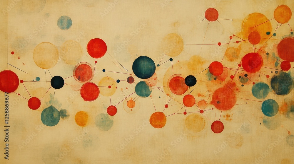 Poster colorful abstract art displaying vibrant circles in various sizes connected by lines, creating a har