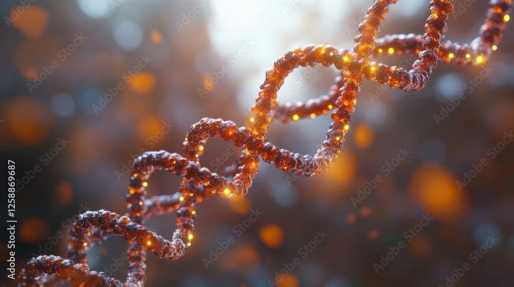 Poster spiral structure of dna surrounded by glowing particles in an ethereal forest setting at twilight