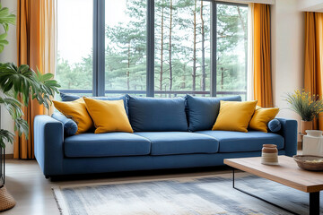 Minimalist interior design of modern living room, home. Blue sofa with yellow pillows near window.