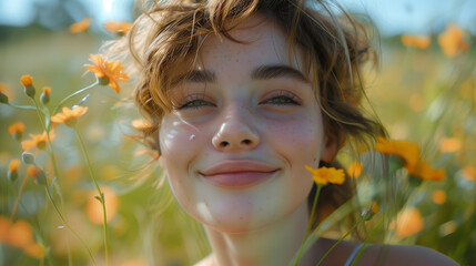 A close-up portrait of a young woman with soft features, wearing a neutral-colored top. She gazes confidently at the camera, her hair gently tousled, and her expression calm yet engaging.
