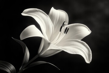 Elegant white lily in monochrome showcasing delicate petals and contrasting shadows