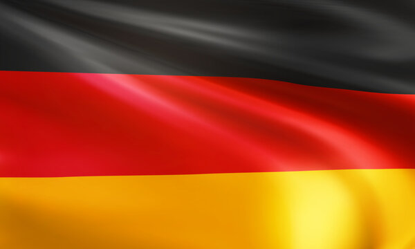 Realistic wavy national flag of the Federal Republic of Germany closeup. German patriotic background for celebrate Unity day. State flag of FRG. 3d vector illustration