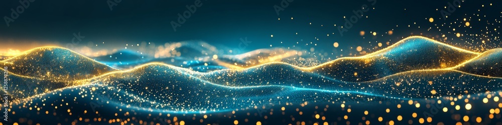 Poster turquoise and gold abstract particles data visualization. electronic network with glowing nodes