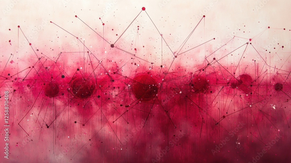 Aufkleber vivid abstract artwork with connecting lines and circles in bold red and soft pink tones, showcasing