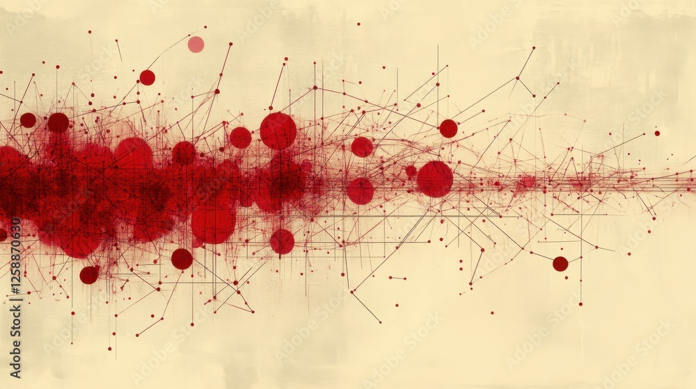 Poster vibrant abstract composition showcasing a dynamic interplay of red circles and intricate lines