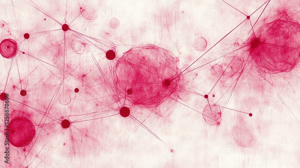 Poster red network of abstract spheres and lines emerging from a soft textured background full of energy an
