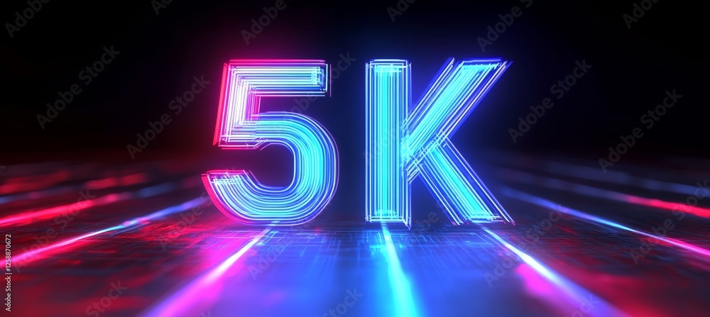Poster glowing digital single big 3d number 5k in futuristic style on digital abstract background