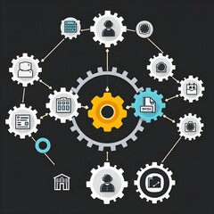 Interconnected Gears: A vibrant, minimalist infographic concept showcases interconnected cogs symbolizing collaboration, synergy, and efficient workflow.  The central gear is highlighted.