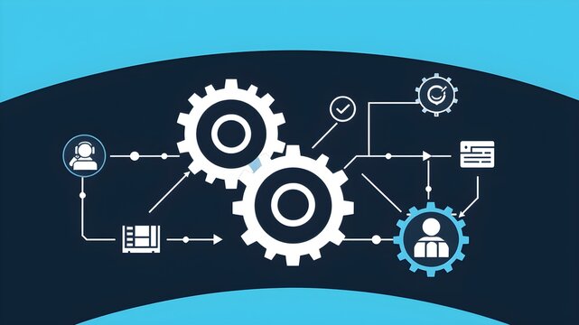 Interconnected Gears:  A stylized illustration of two large white gears interlocked, symbolizing workflow and seamless collaboration. Smaller gears and icons connect.