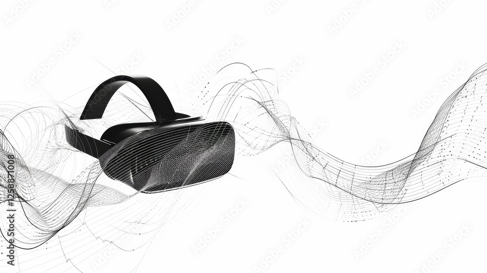 Aufkleber black virtual reality headset surrounded by dynamic digital waveforms on a white background, represe
