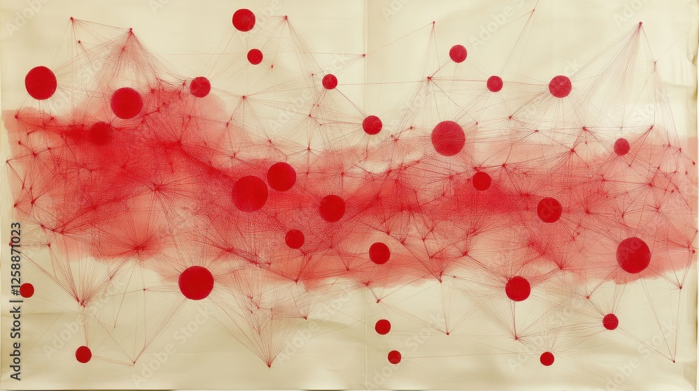 Poster vibrant web of connections in striking red ink on cream canvas creating a visual exploration of rela